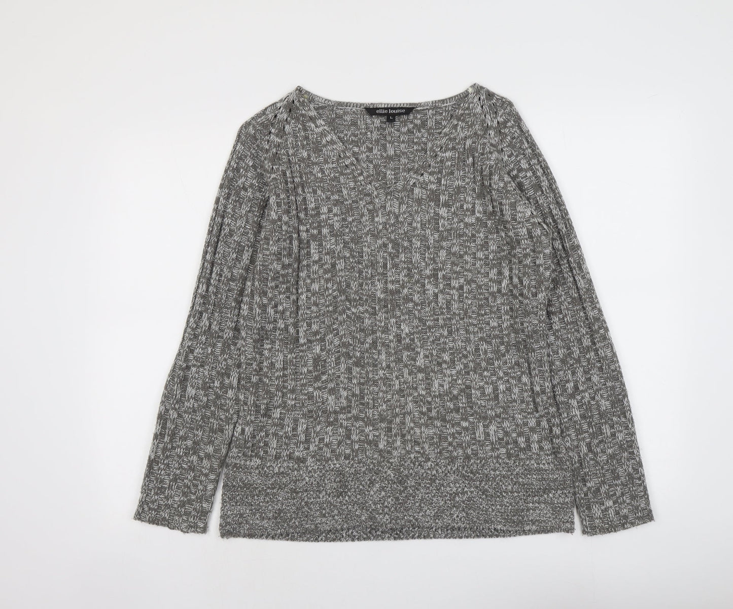 Ellie Louise Womens Grey V-Neck Acrylic Pullover Jumper Size L
