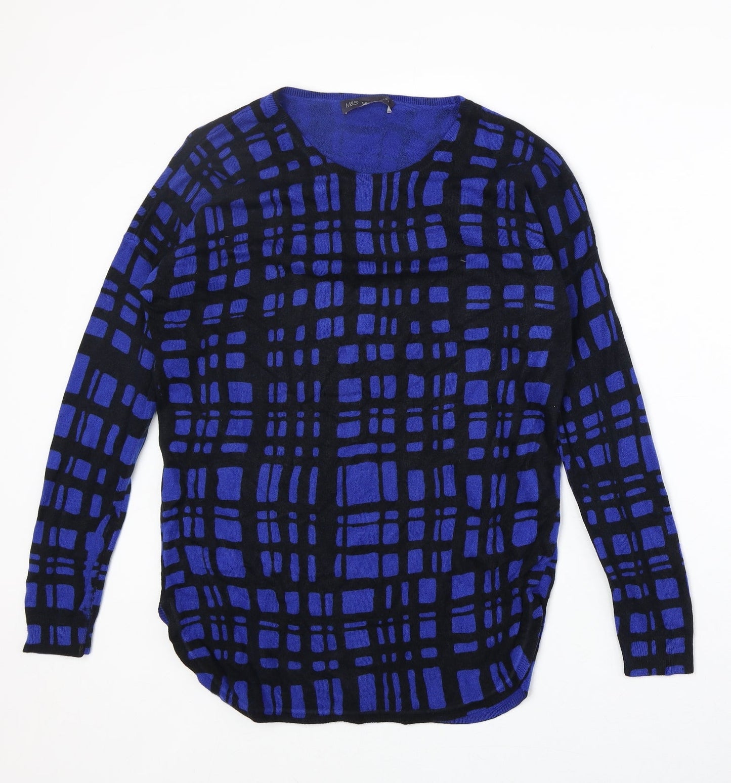 Marks and Spencer Womens Blue Round Neck Geometric Acrylic Pullover Jumper Size 8