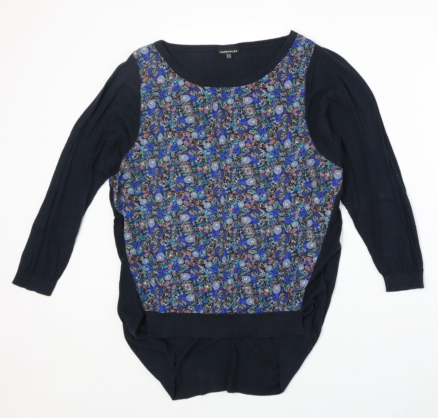 Warehouse Womens Blue Boat Neck Floral Viscose Pullover Jumper Size 10