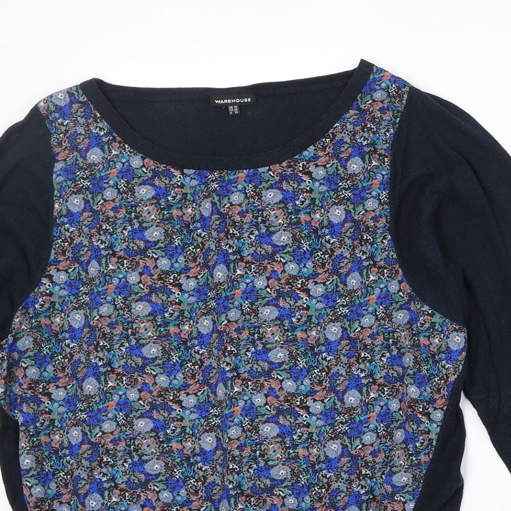 Warehouse Womens Blue Boat Neck Floral Viscose Pullover Jumper Size 10