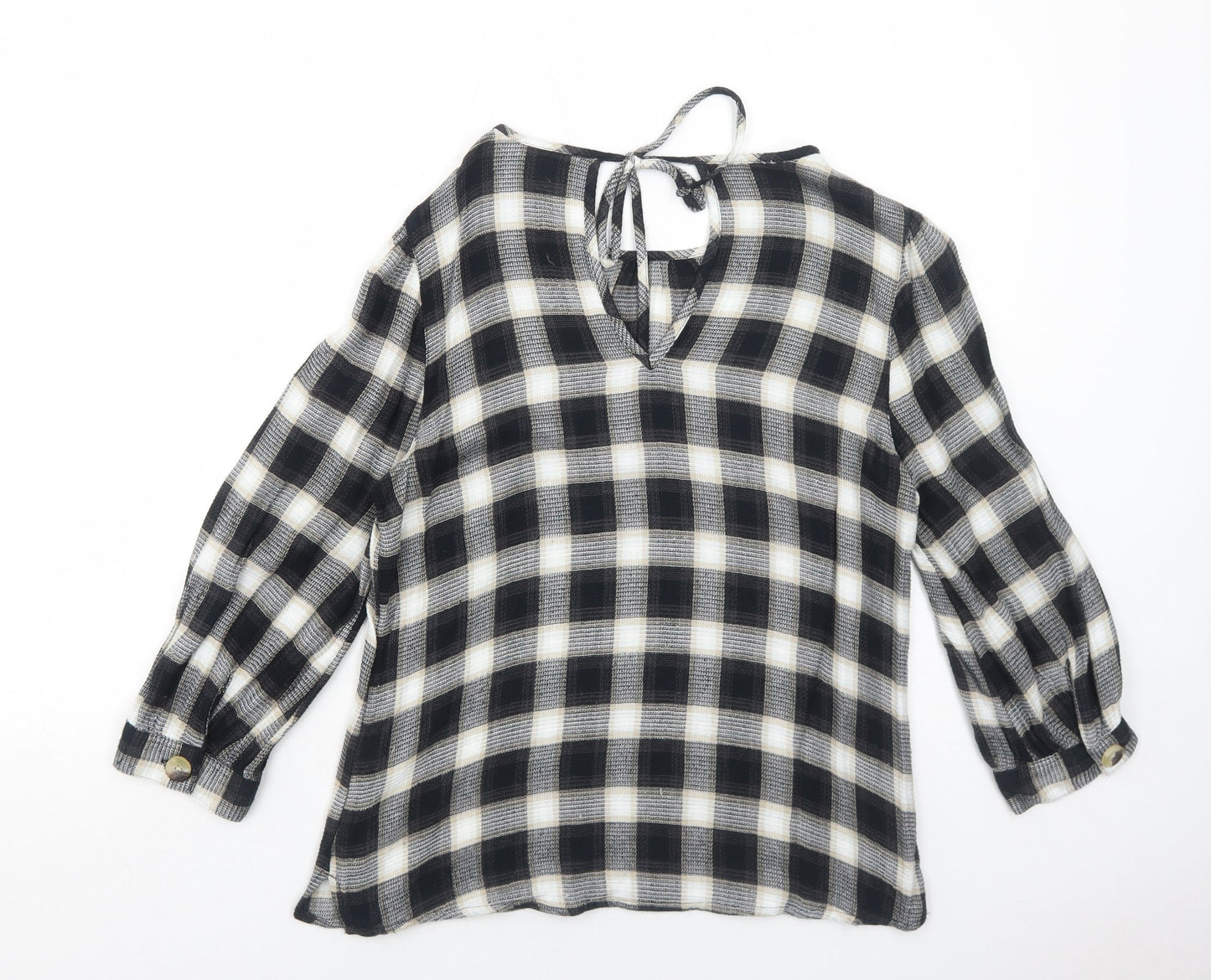 NEXT Womens Black Check Viscose Basic Blouse Size 10 Boat Neck