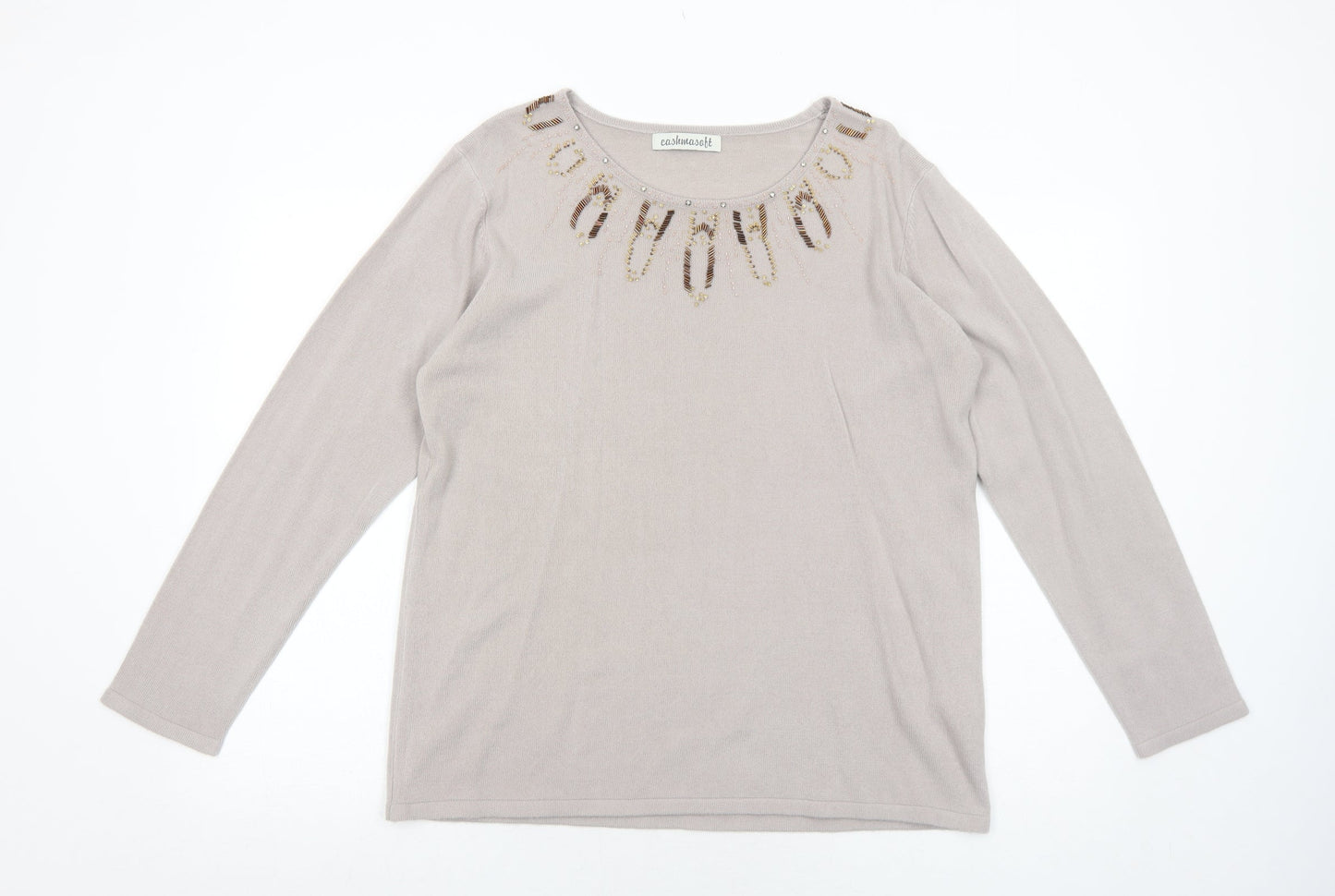 Cashmasoft Womens Beige Boat Neck Acrylic Pullover Jumper Size XL - Embellished Neckline