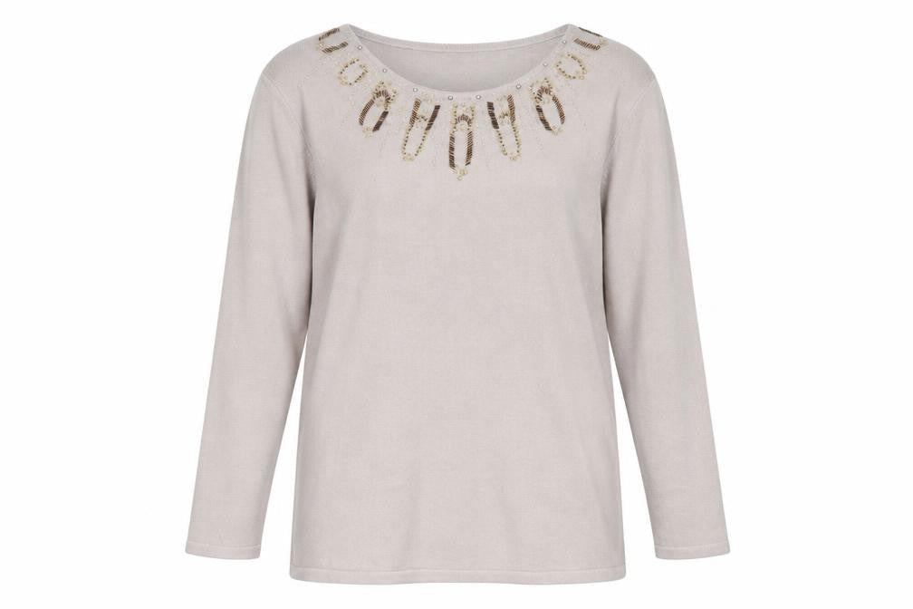 Cashmasoft Womens Beige Boat Neck Acrylic Pullover Jumper Size XL - Embellished Neckline