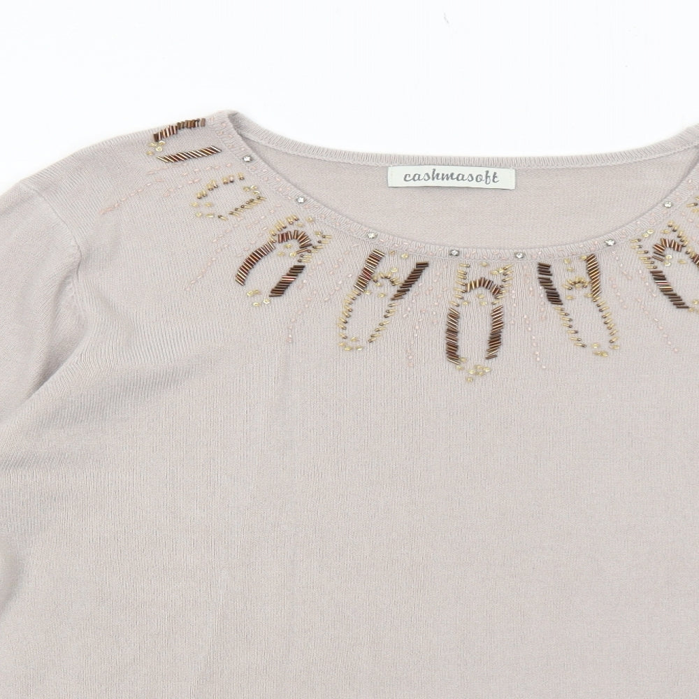 Cashmasoft Womens Beige Boat Neck Acrylic Pullover Jumper Size XL - Embellished Neckline