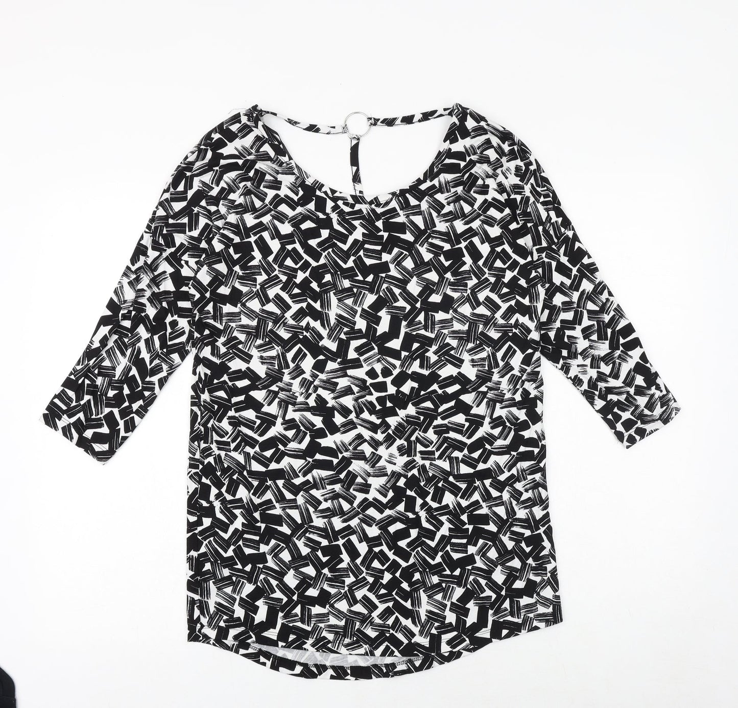 Dorothy Perkins Womens Black Geometric Viscose Basic Blouse Size 10 Round Neck - Ring Detail on Back
