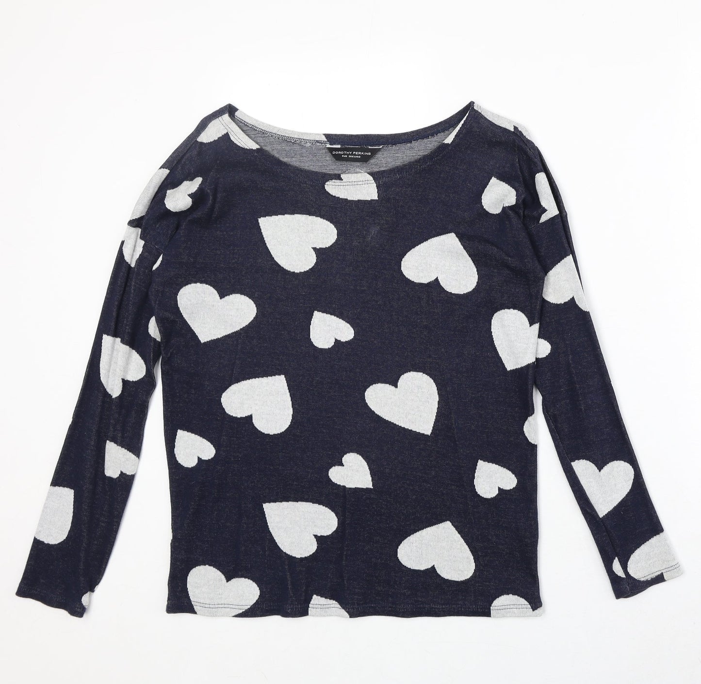Dorothy Perkins Womens Blue Round Neck Geometric 100% Cotton Pullover Jumper Size 8 - Heart Pattern
