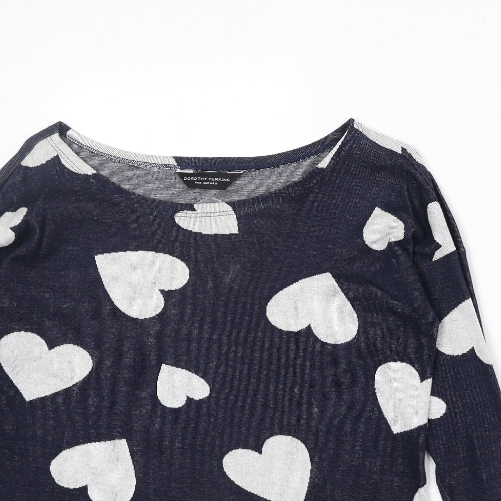 Dorothy Perkins Womens Blue Round Neck Geometric 100% Cotton Pullover Jumper Size 8 - Heart Pattern
