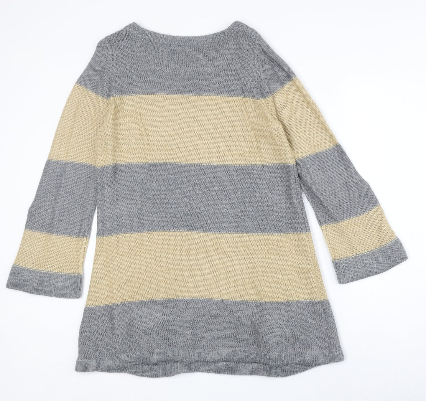 Marks and Spencer Womens Grey Round Neck Striped Acrylic Pullover Jumper Size 14