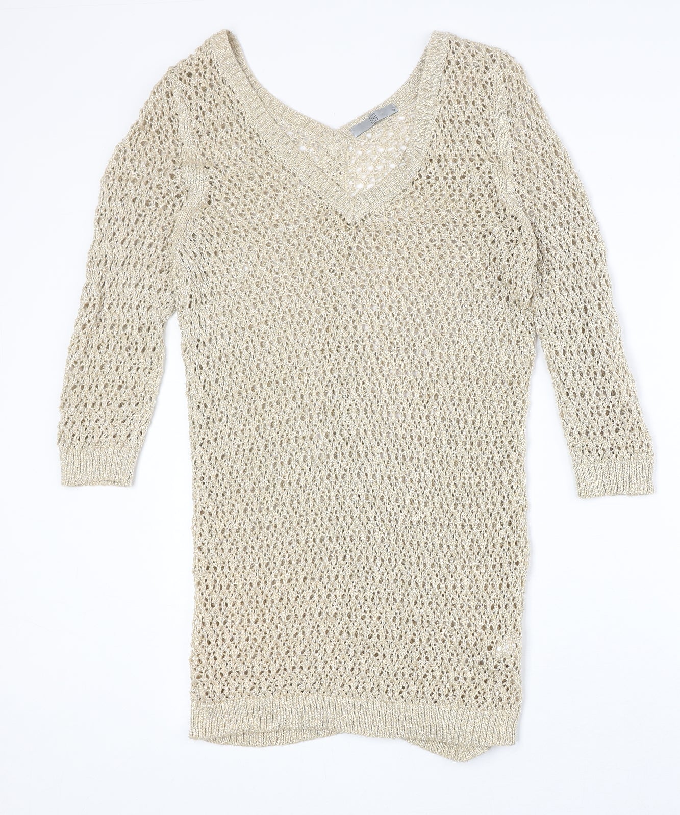 TU Womens Gold Cotton Jumper Dress Size 14 V-Neck Pullover