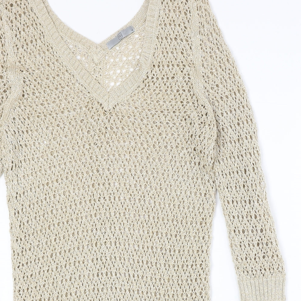 TU Womens Gold Cotton Jumper Dress Size 14 V-Neck Pullover