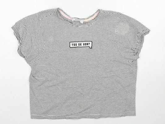 New Look Girls Black Striped Cotton Basic T-Shirt Size M Round Neck Pullover - You Ok Hun?