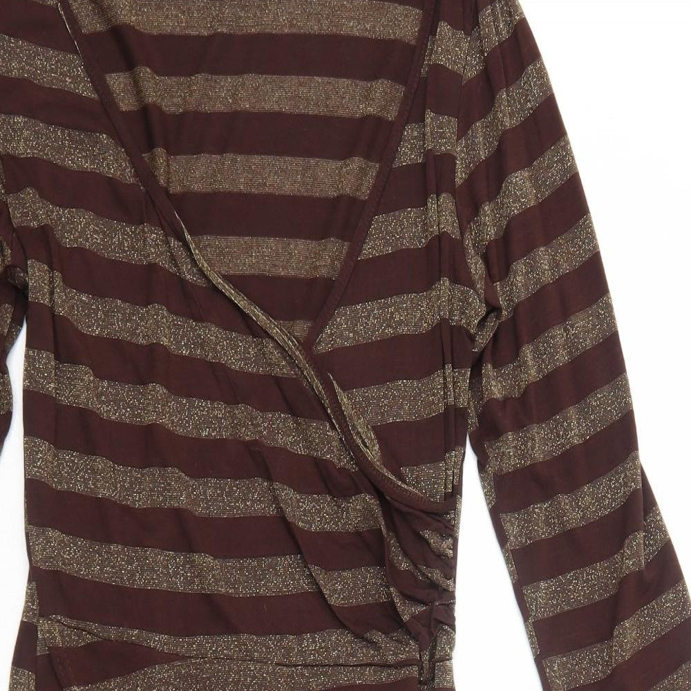 Acme Womens Brown Striped Polyester A-Line Size 10 V-Neck Pullover