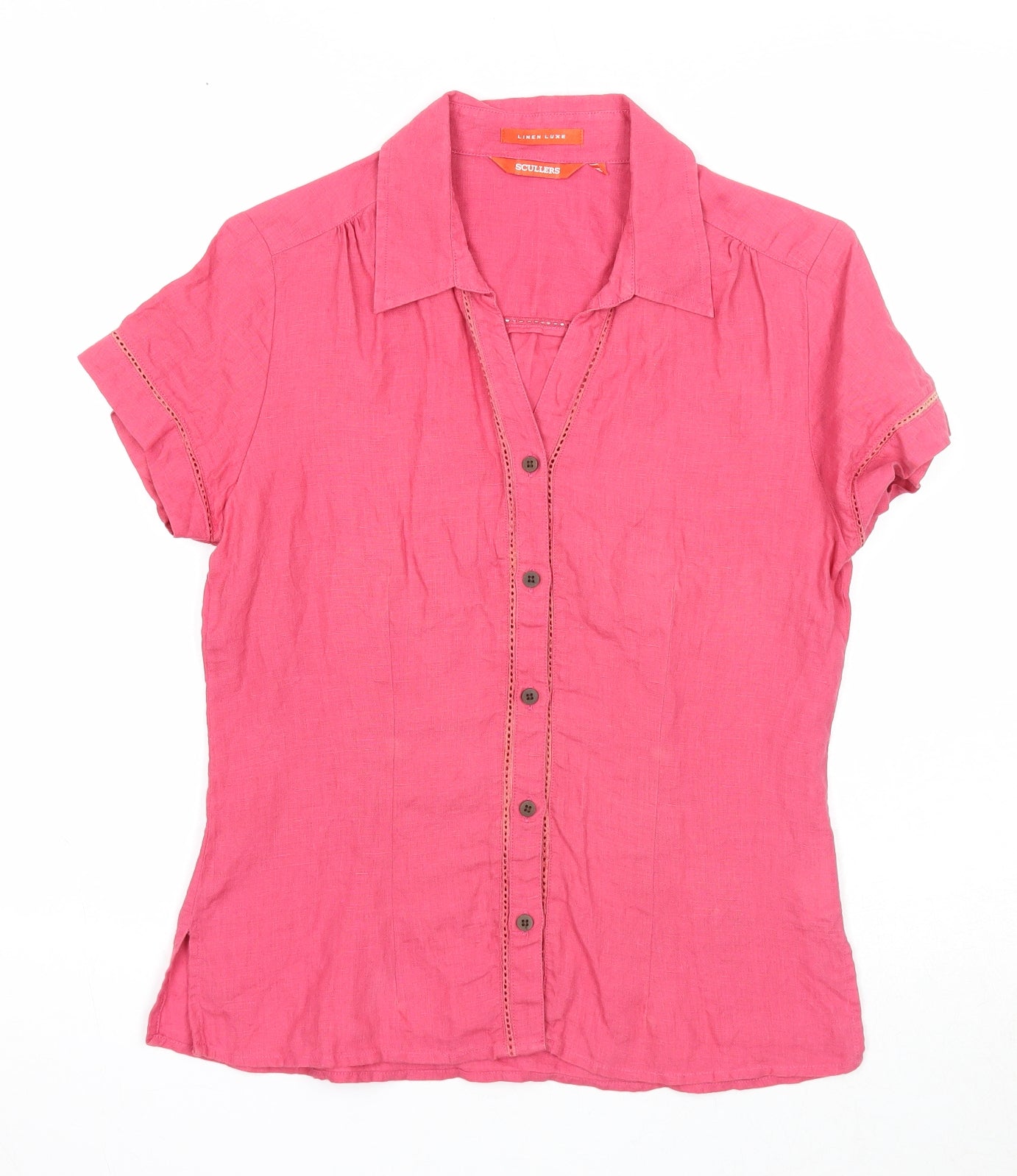 Scullers Womens Pink Linen Basic Button-Up Size S Collared