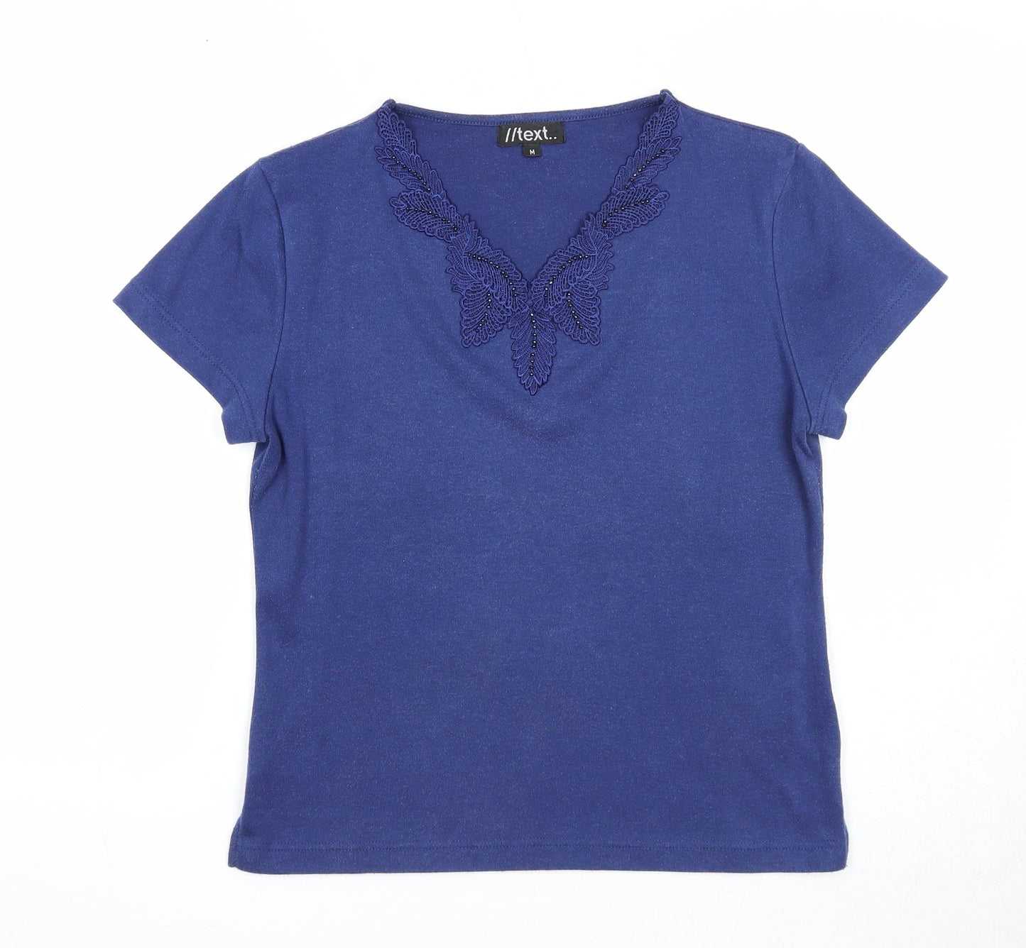 //text.. Womens Blue Polyester Basic T-Shirt Size M V-Neck - Leaf Embroidery