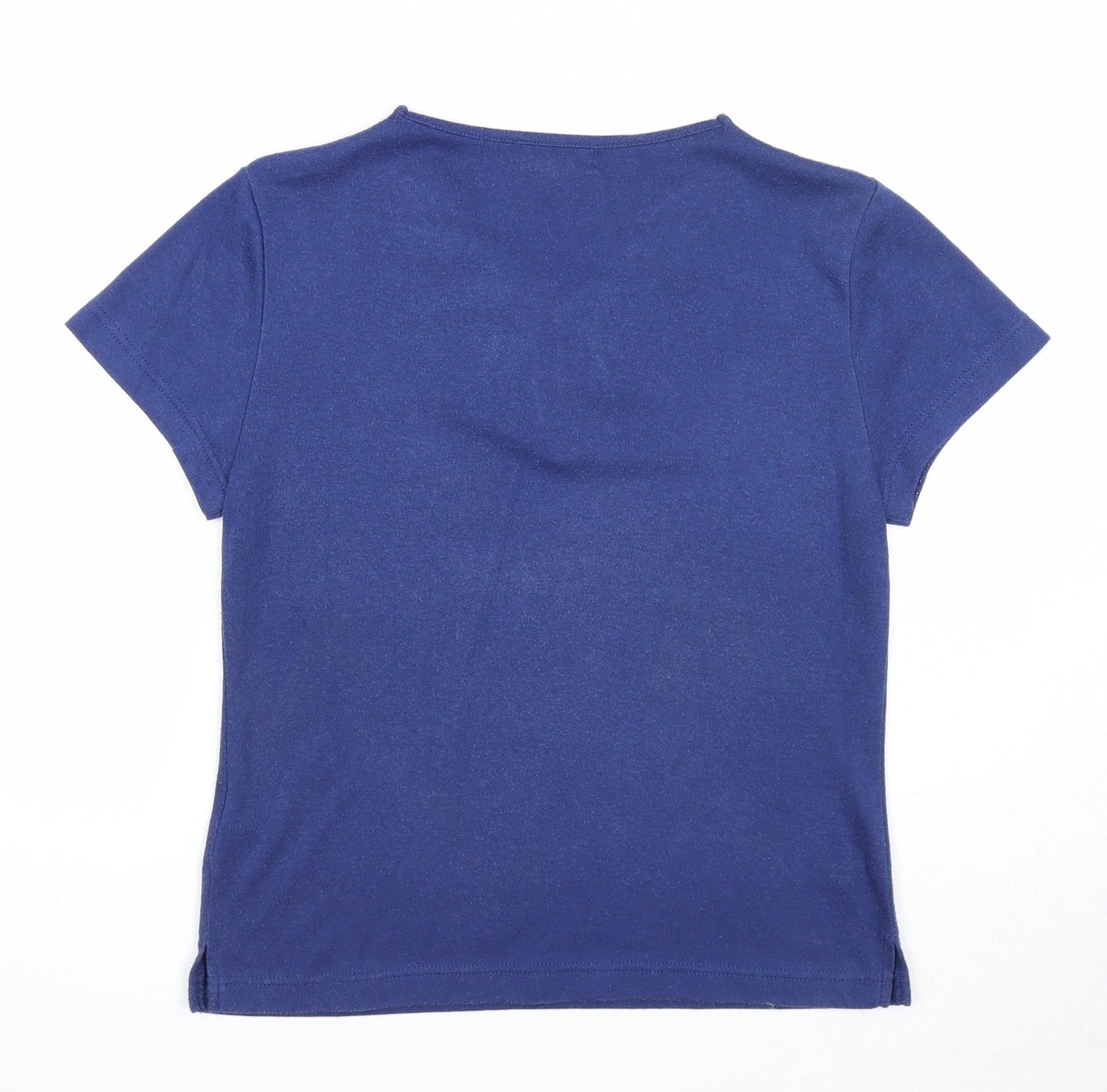 //text.. Womens Blue Polyester Basic T-Shirt Size M V-Neck - Leaf Embroidery