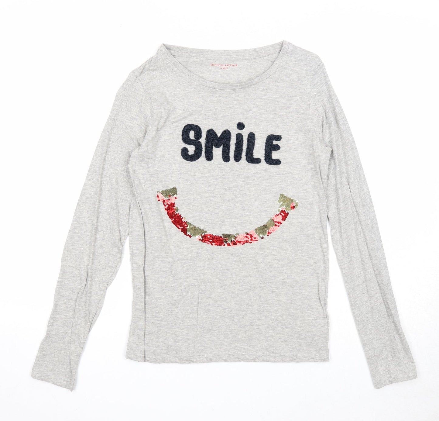 Monoprix Girls Grey Cotton Basic T-Shirt Size 14 Years Round Neck Pullover - Smile