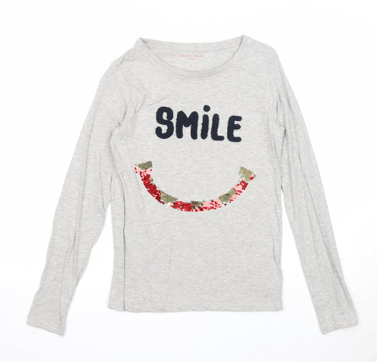 Monoprix Girls Grey Cotton Basic T-Shirt Size 14 Years Round Neck Pullover - Smile
