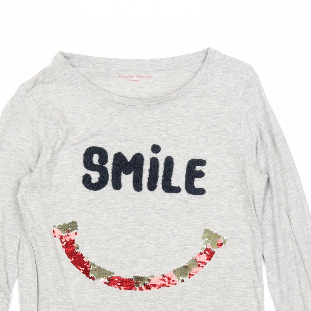 Monoprix Girls Grey Cotton Basic T-Shirt Size 14 Years Round Neck Pullover - Smile
