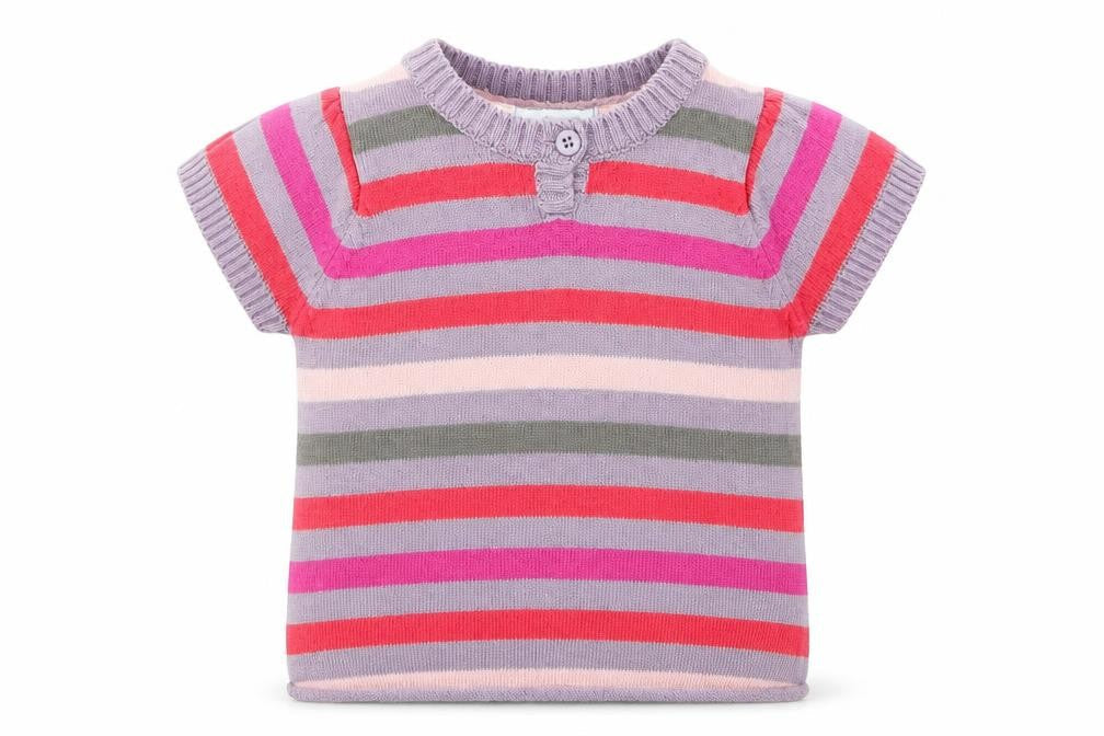 Vertbaudet Girls Multicoloured Striped Cotton Basic T-Shirt Size 3-6 Months Round Neck Button