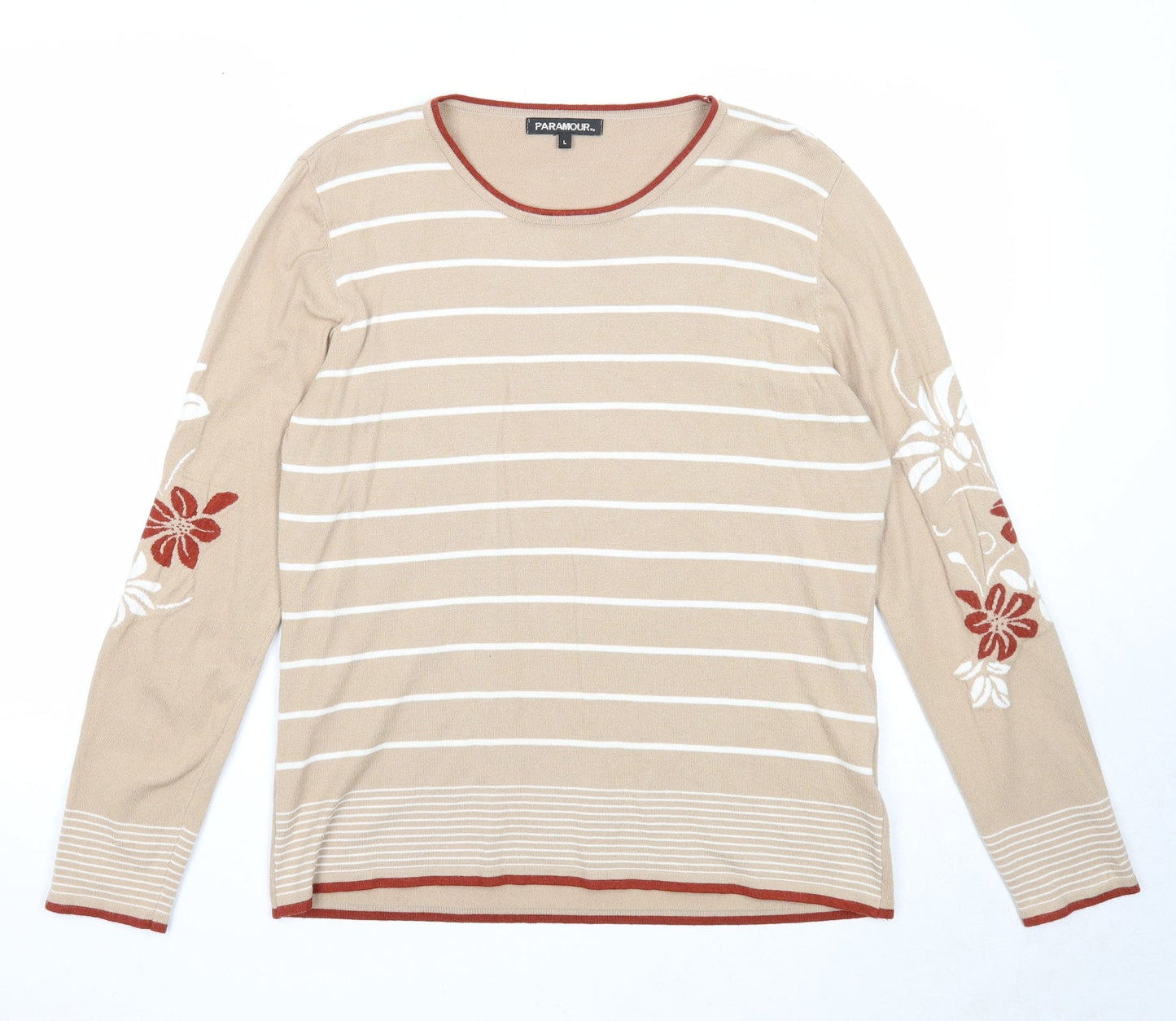 Paramour Womens Beige Round Neck Striped Viscose Pullover Jumper Size L - Flower Detail