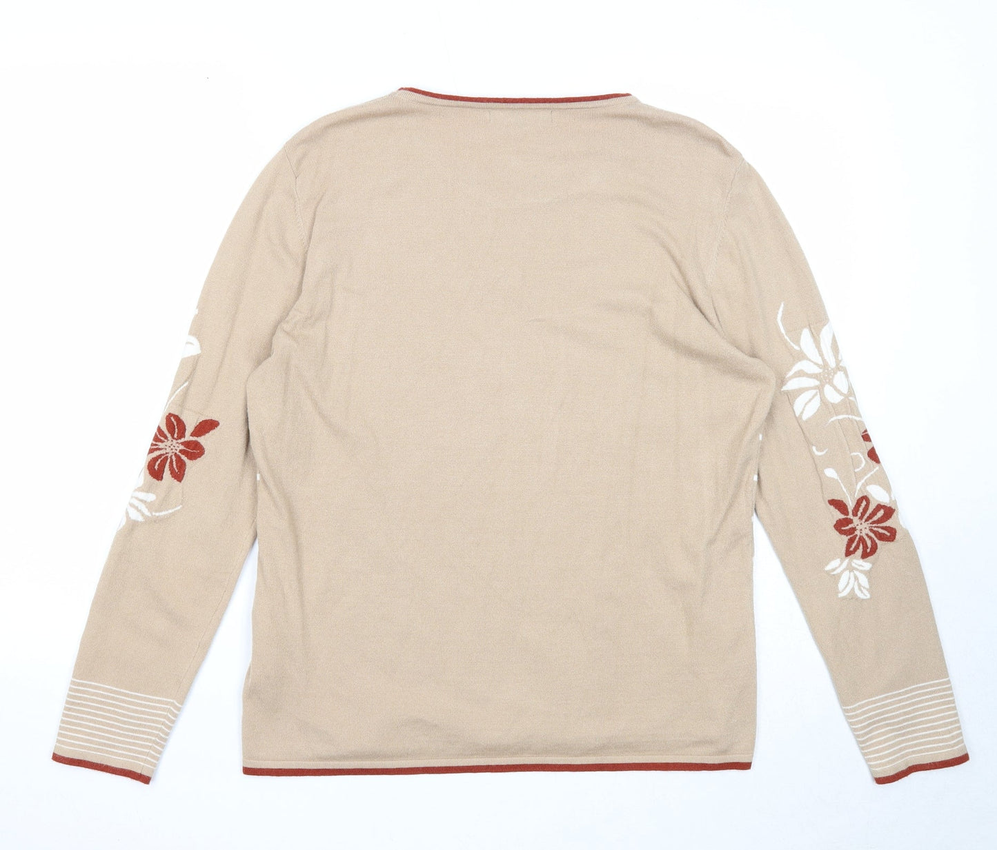 Paramour Womens Beige Round Neck Striped Viscose Pullover Jumper Size L - Flower Detail
