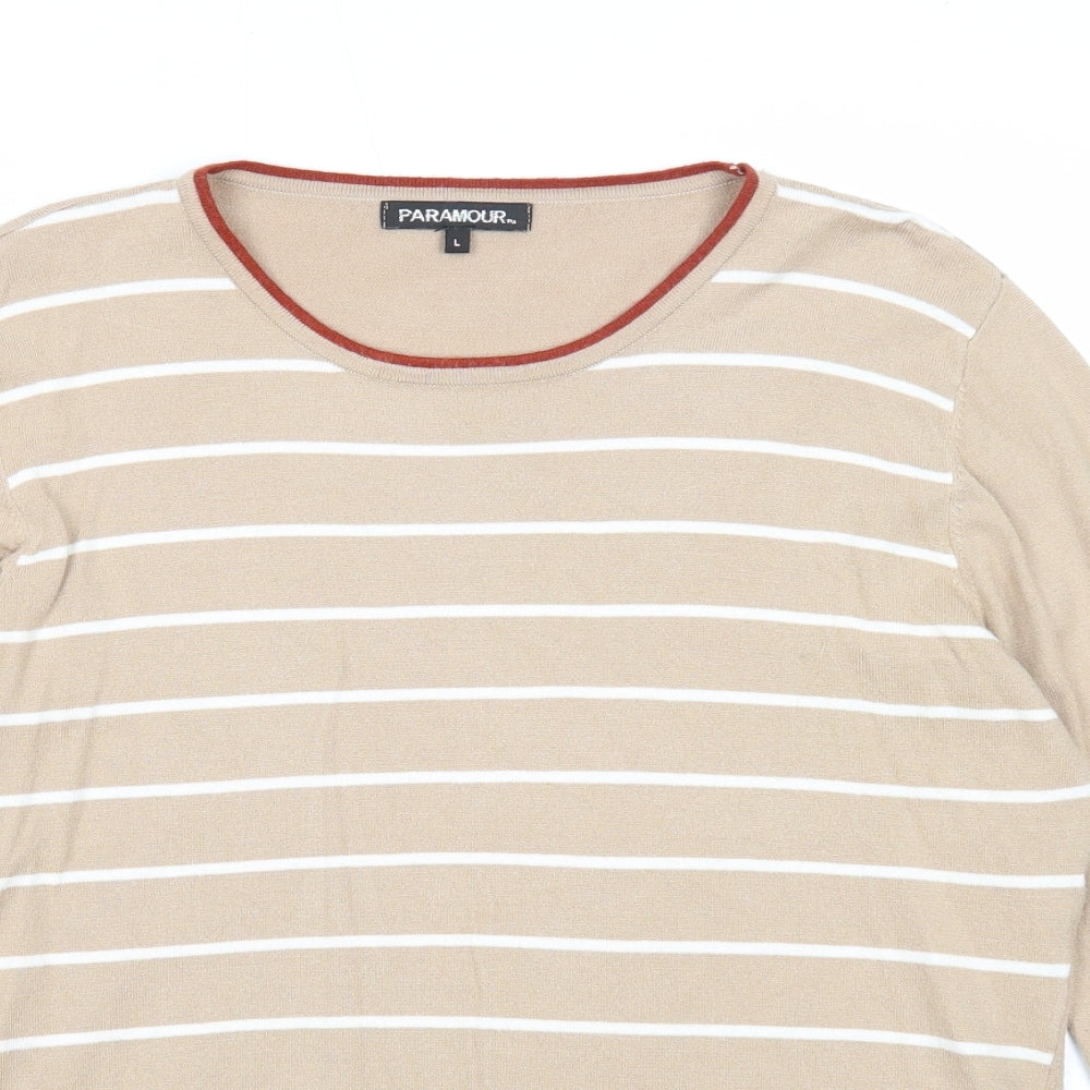 Paramour Womens Beige Round Neck Striped Viscose Pullover Jumper Size L - Flower Detail