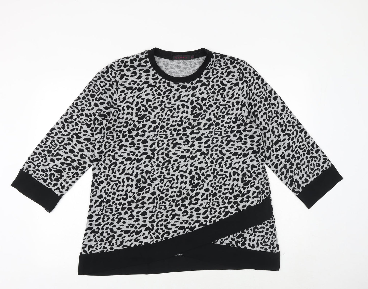 Tenki Womens Grey Animal Print Cotton Basic Blouse Size M Round Neck