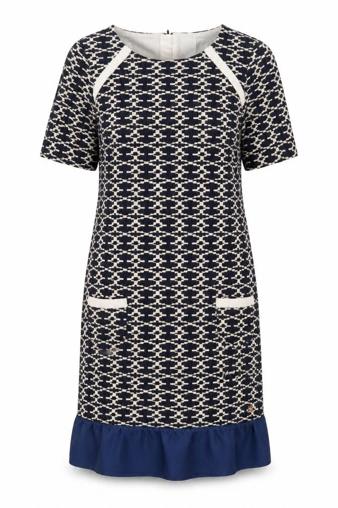Carement Beau Womens Blue Geometric Cotton A-Line Size 12 Round Neck Zip
