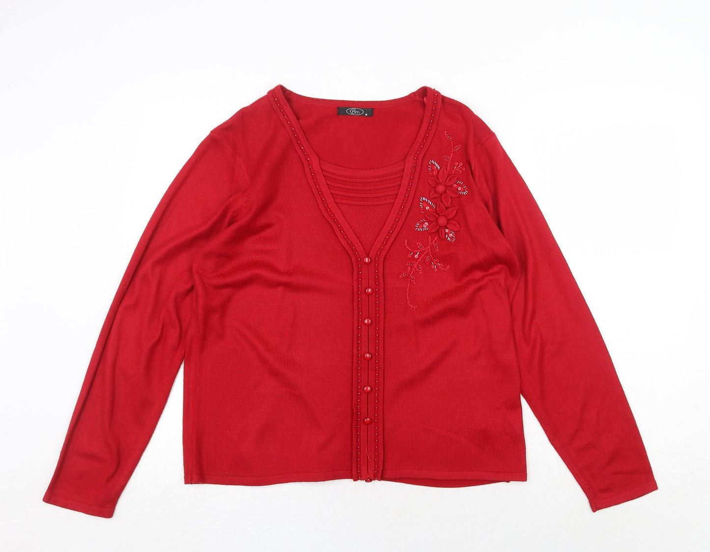 Bonmarché Womens Red Round Neck Floral Acrylic Pullover Jumper Size M - Twin Set