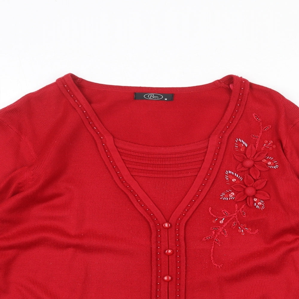 Bonmarché Womens Red Round Neck Floral Acrylic Pullover Jumper Size M - Twin Set