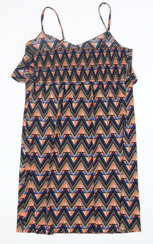 Original Womens Multicoloured Geometric Polyester Tank Dress Size 10 V-Neck Pullover
