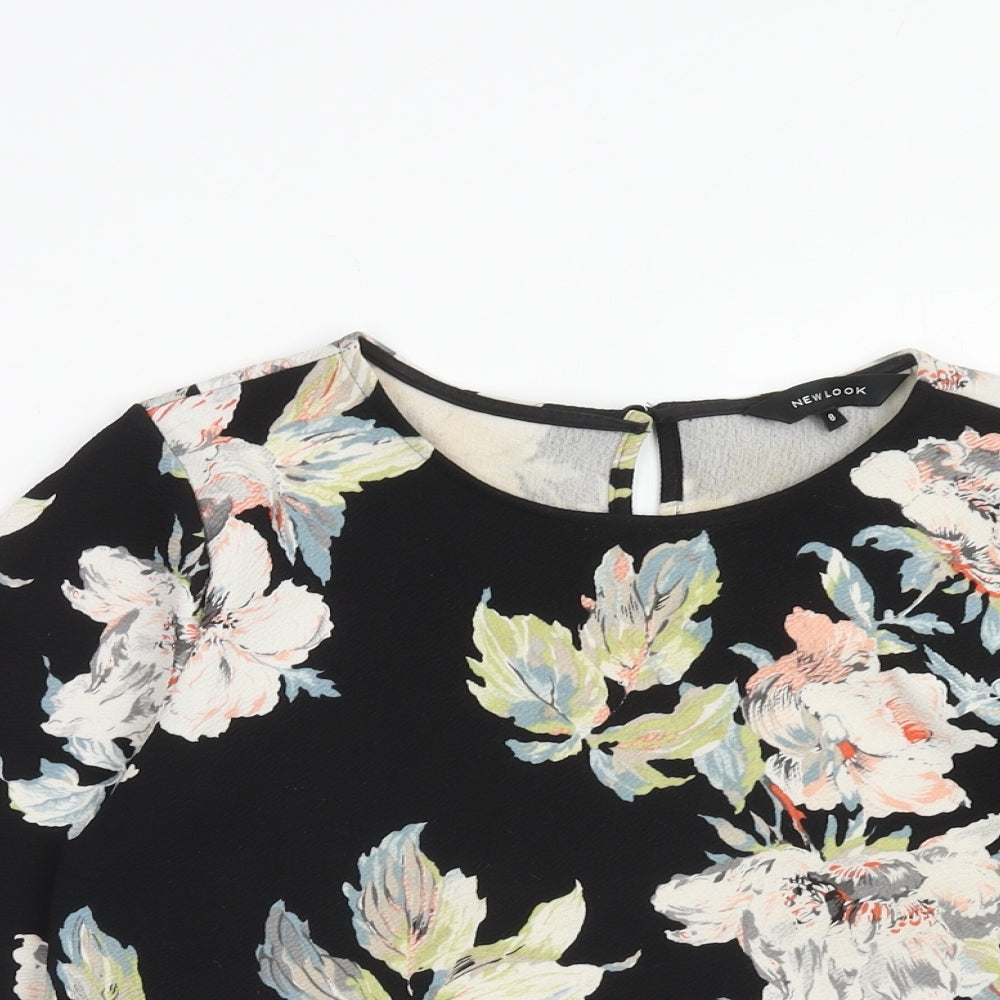 New Look Womens Black Floral Polyester Basic Blouse Size 8 Round Neck