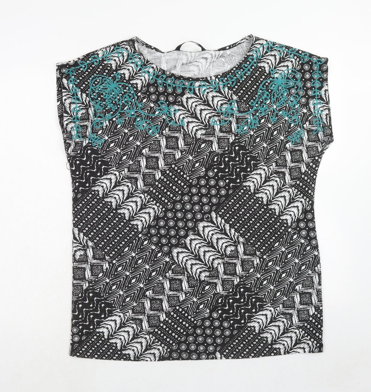 Bonmarché Womens Black Geometric Polyester Basic T-Shirt Size 14 Round Neck
