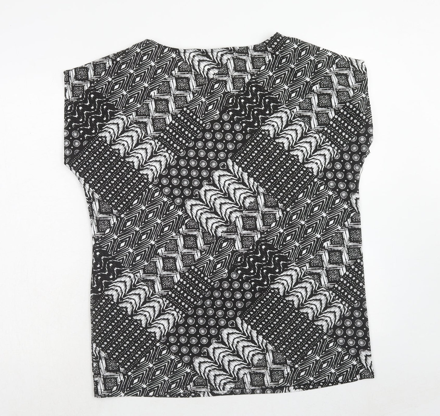 Bonmarché Womens Black Geometric Polyester Basic T-Shirt Size 14 Round Neck