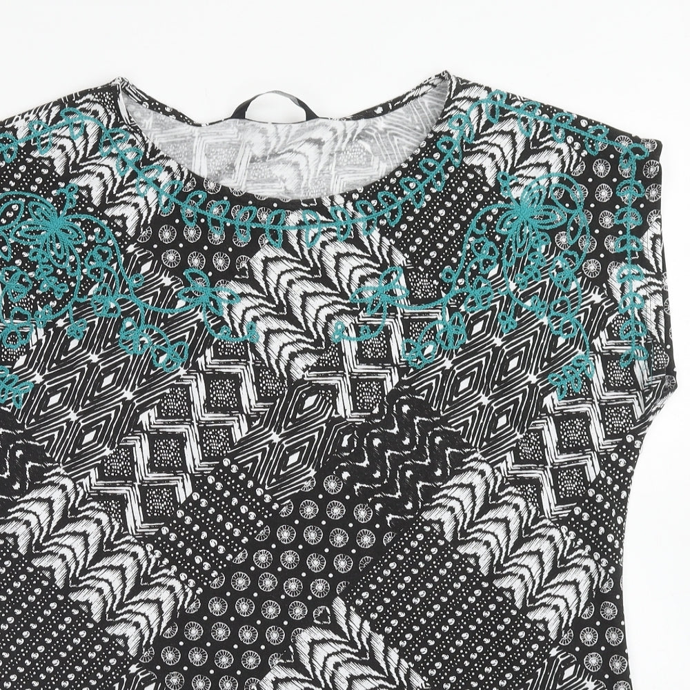 Bonmarché Womens Black Geometric Polyester Basic T-Shirt Size 14 Round Neck