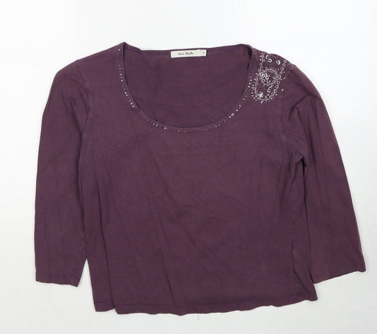 Uni Style Womens Purple Polyester Basic T-Shirt Size 10 Boat Neck - Embellished Neckline