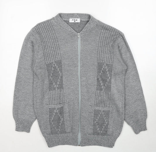 FAB Mens Grey V-Neck Geometric Acrylic Full Zip Jumper Size S Long Sleeve