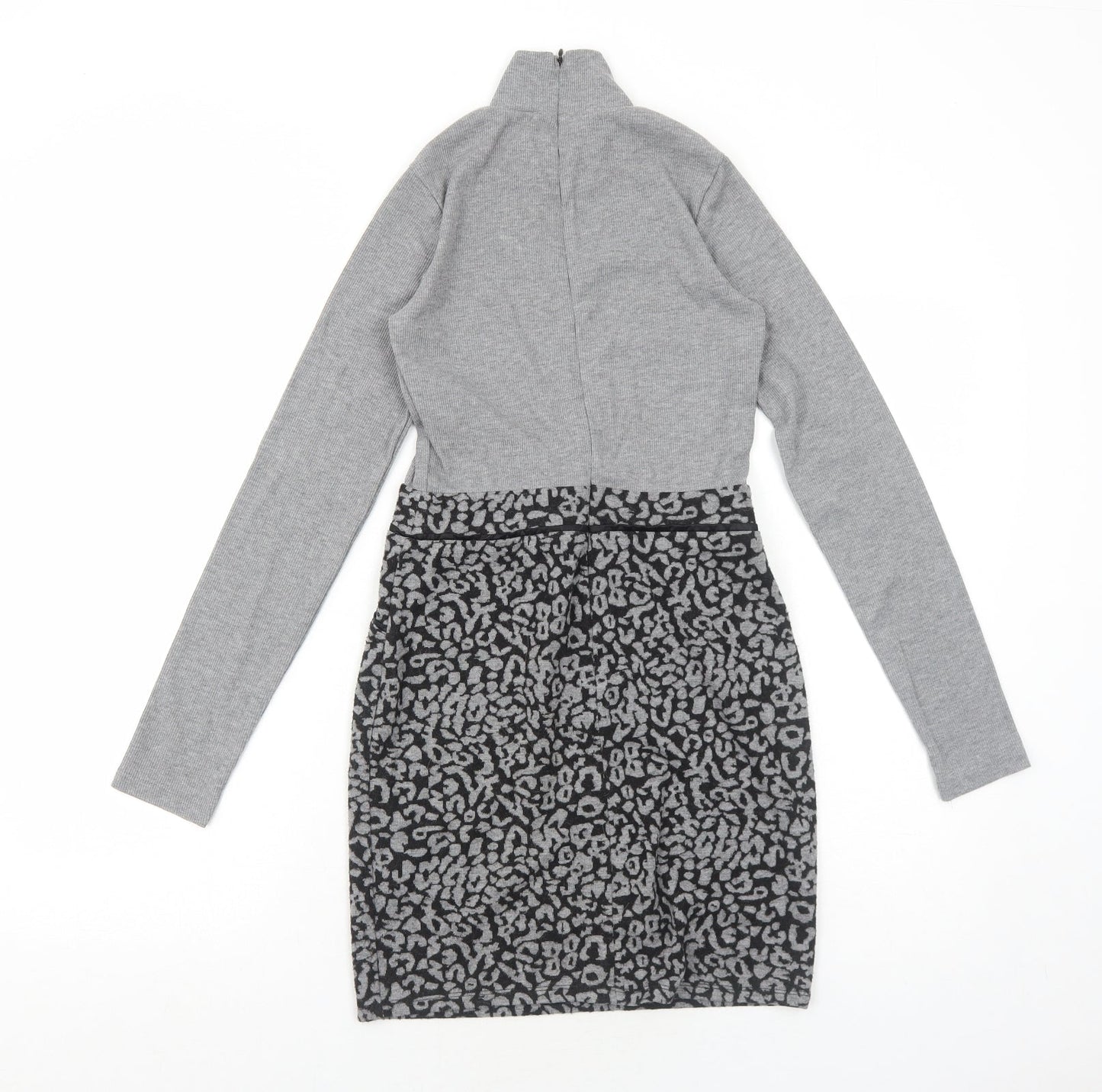 Select Womens Grey Animal Print Polyester A-Line Size 6 Mock Neck Zip - Leopard Pattern