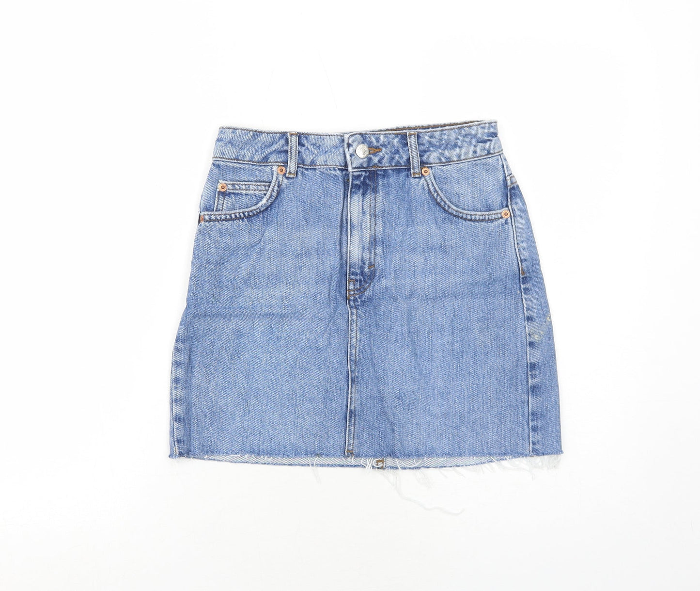 Topshop Womens Blue Herringbone Cotton A-Line Skirt Size 6 Zip