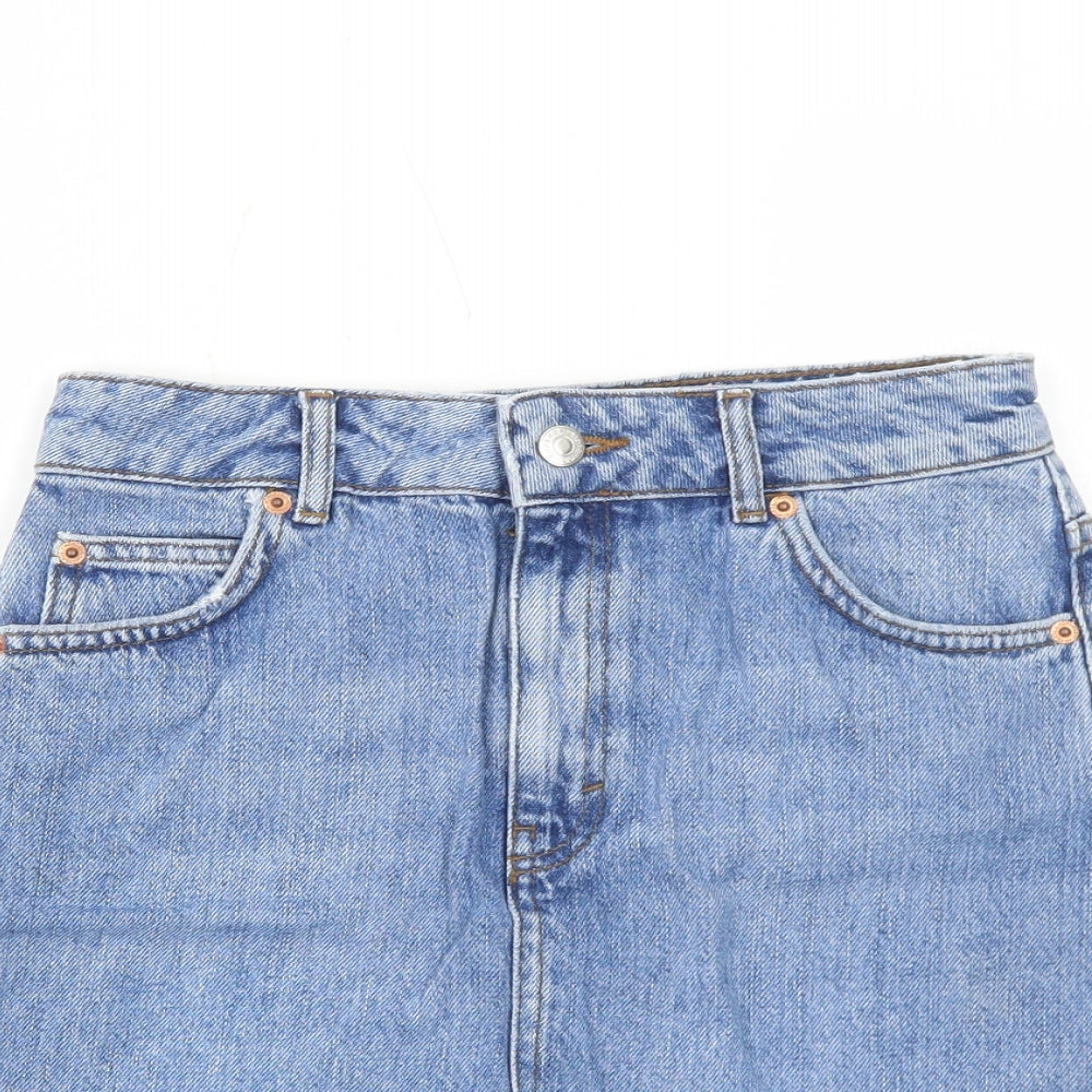 Topshop Womens Blue Herringbone Cotton A-Line Skirt Size 6 Zip