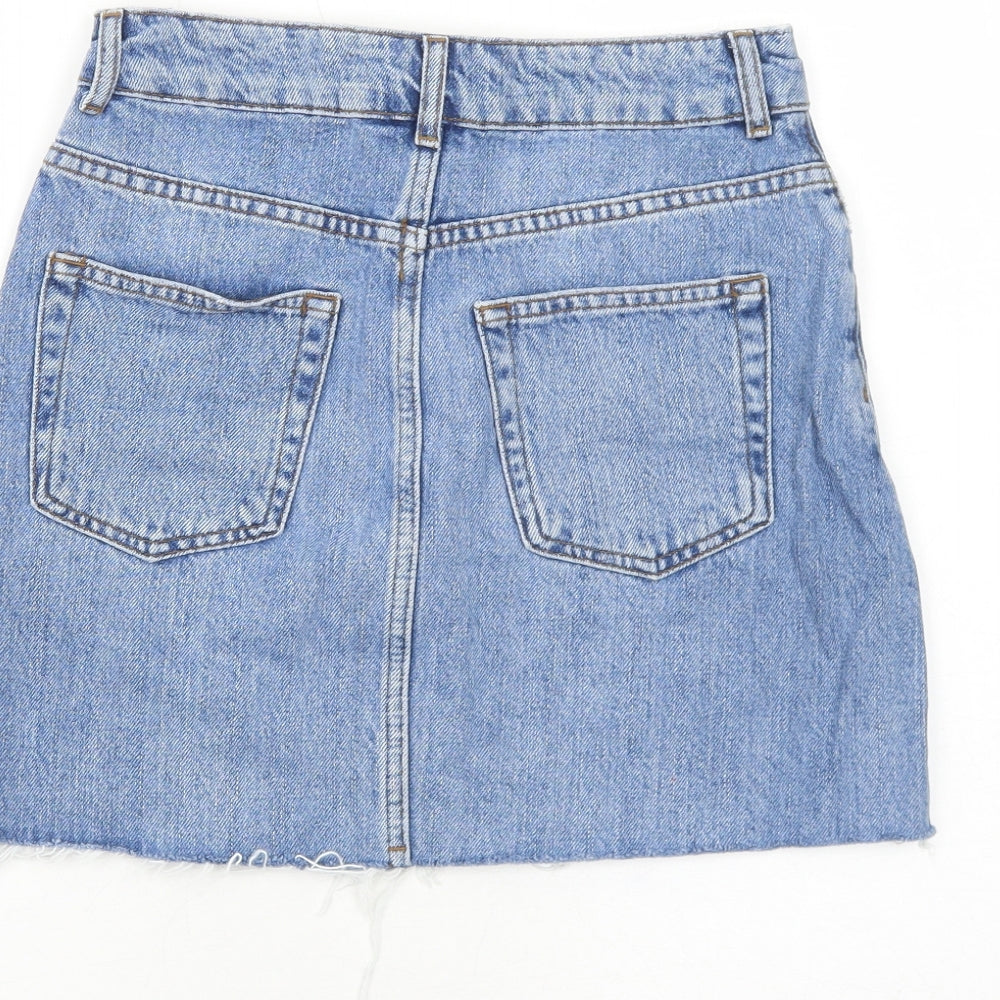 Topshop Womens Blue Herringbone Cotton A-Line Skirt Size 6 Zip