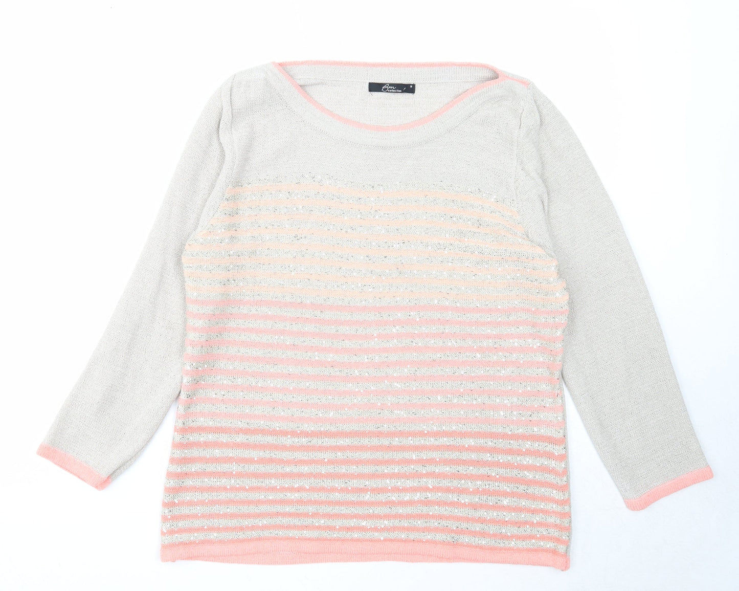 Bonmarché Womens Grey Boat Neck Striped Acrylic Pullover Jumper Size M