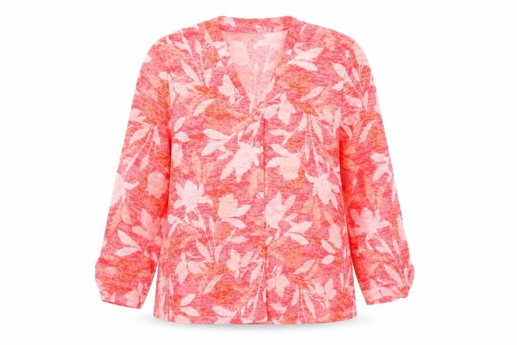 Marks and Spencer Womens Red Floral Polyester Basic Button-Up Size 12 V-Neck