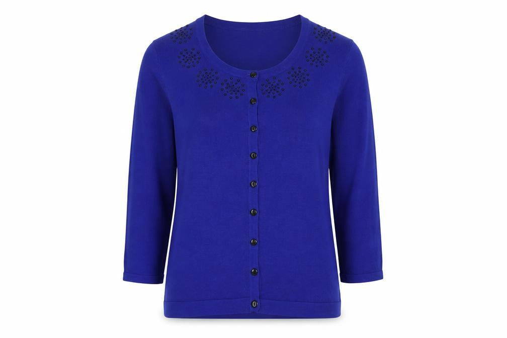 Precis Womens Blue Boat Neck Viscose Cardigan Jumper Size S - Embellished Neckline