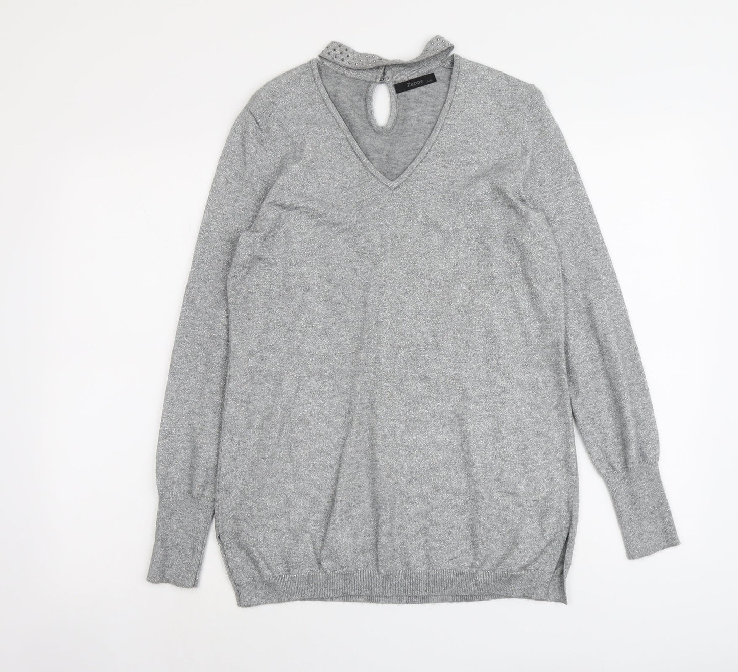 Zuppe Womens Grey V-Neck Polyamide Pullover Jumper Size S