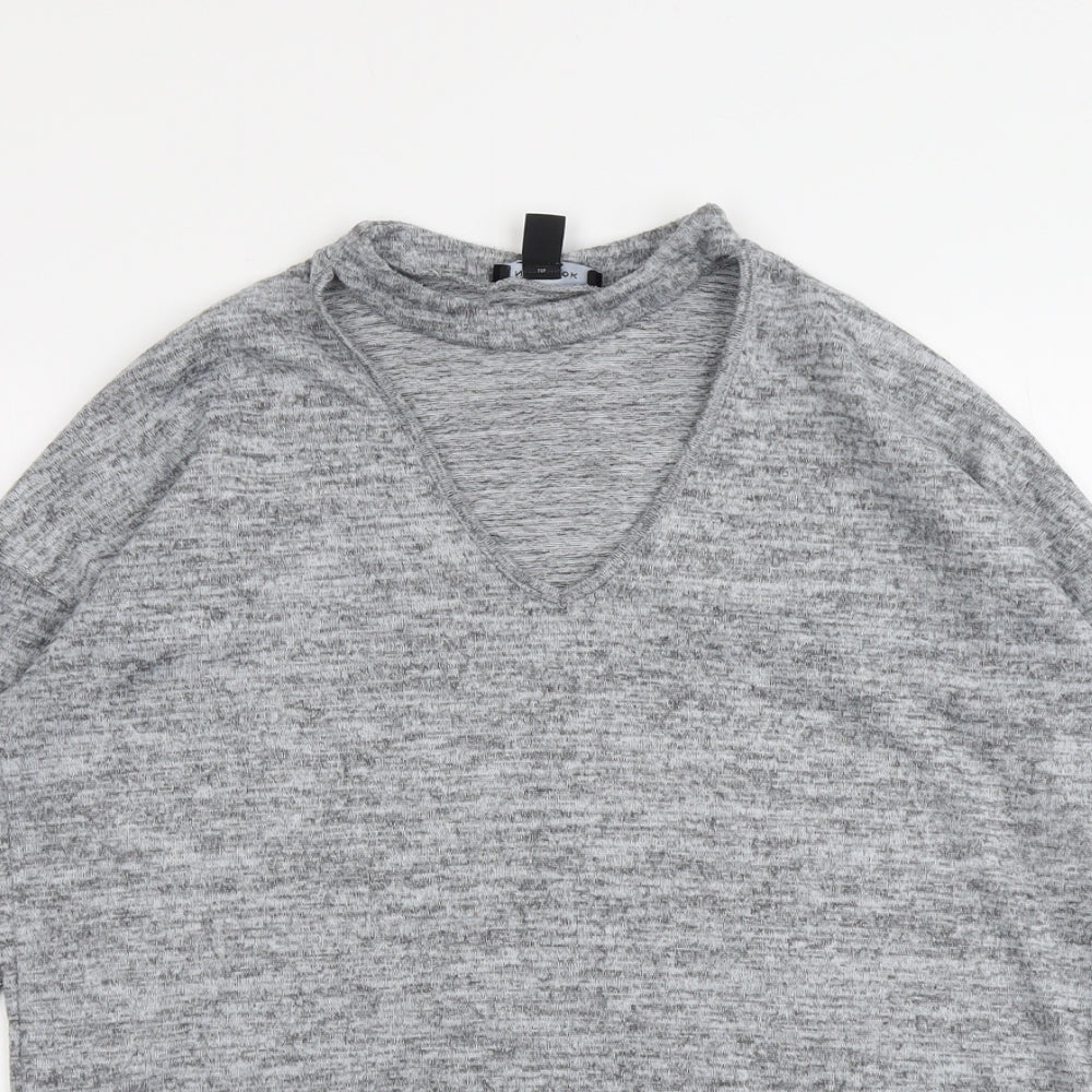 New Look Womens Grey Geometric Polyester Basic T-Shirt Size S V-Neck