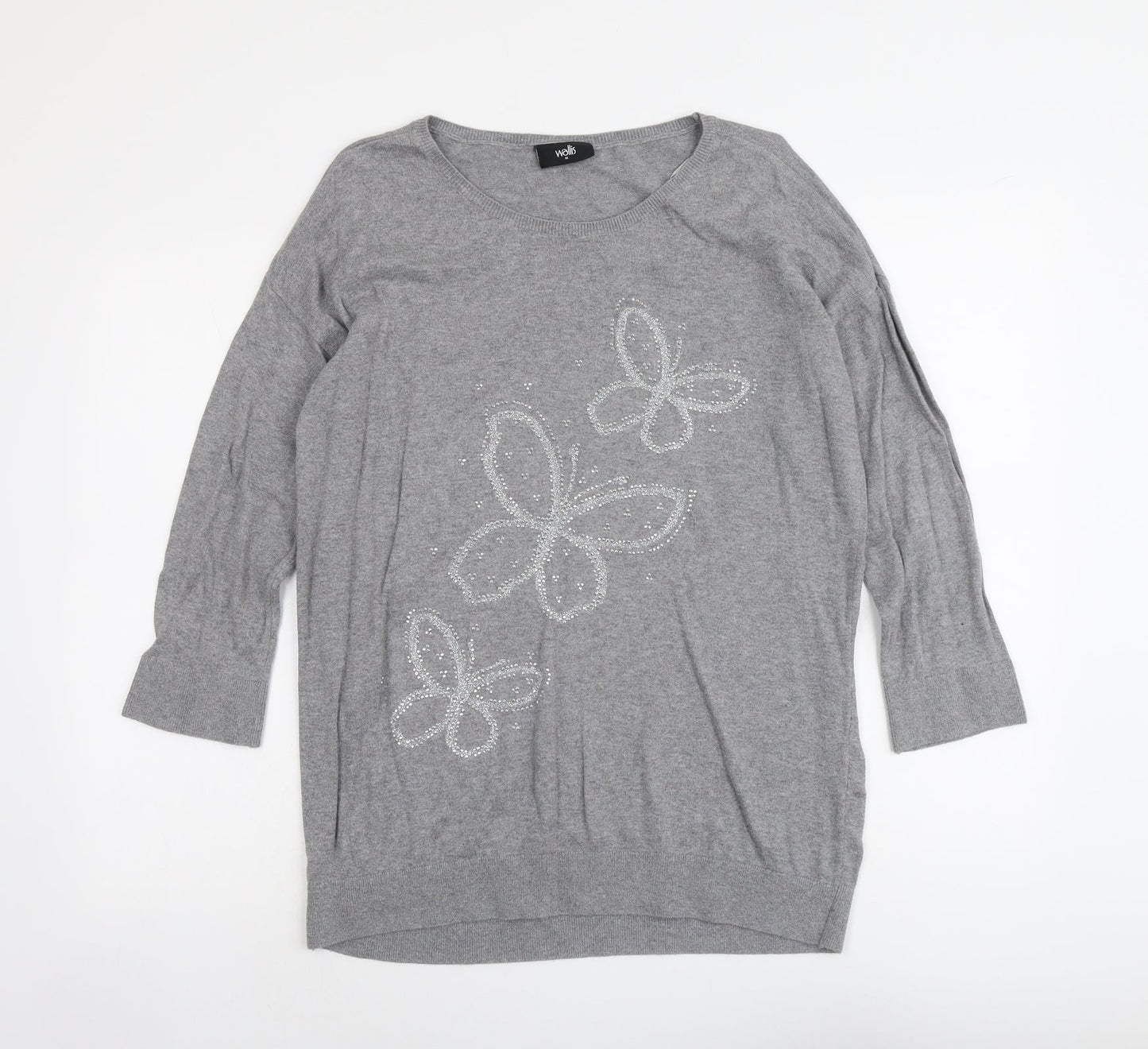 Wallis Womens Grey Boat Neck Cotton Pullover Jumper Size M - Butterfly