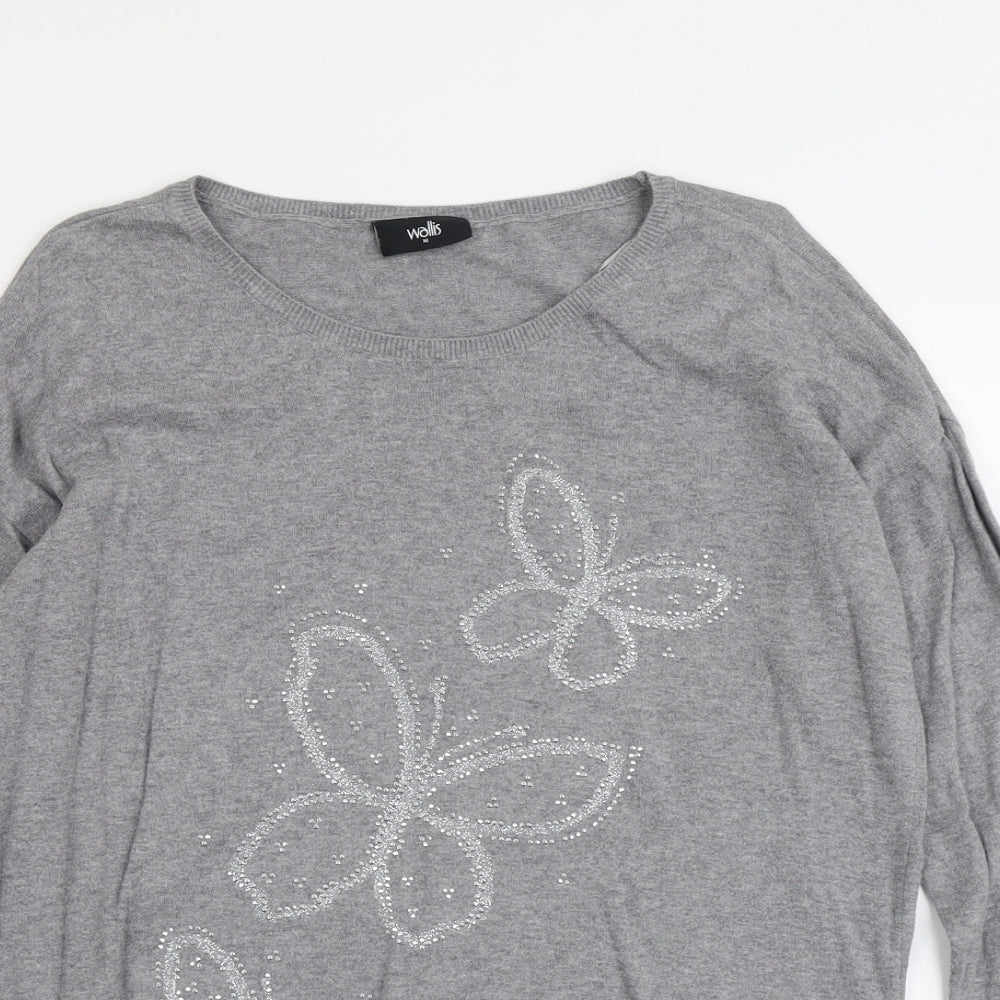 Wallis Womens Grey Boat Neck Cotton Pullover Jumper Size M - Butterfly