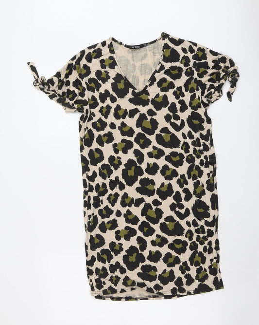 Boohoo Womens Beige Animal Print Viscose A-Line Size 8 V-Neck Pullover - Leopard Pattern