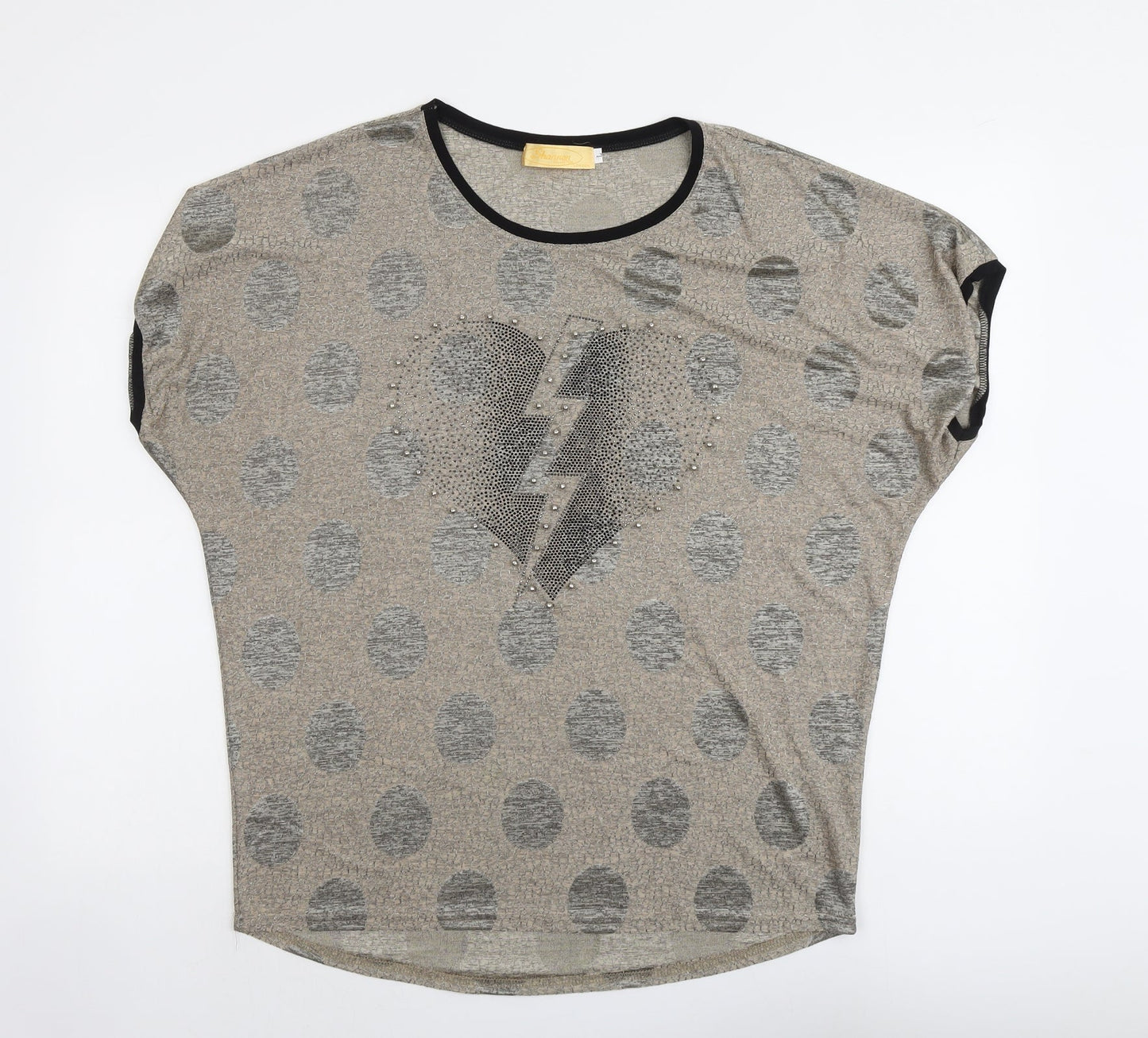 Shannon Womens Beige Polka Dot Polyester Basic T-Shirt Size L Round Neck